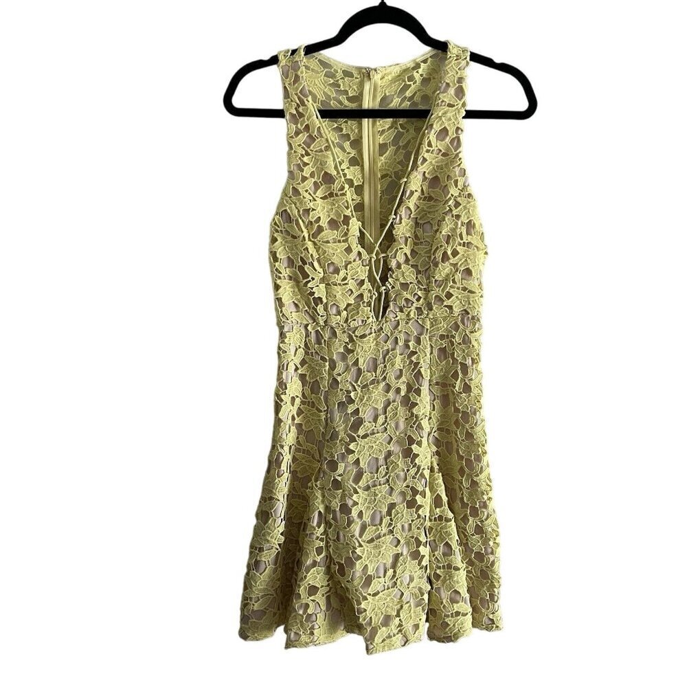 L’Atiste By Amy Women M Yellow Lace Crochet Sleeveless Lace Up Mini Dress NWT